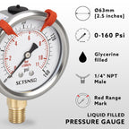 0 to 160 Psi Pressure Gauge, Glycerin Liquid Filled, 2.5 inch Dial, 1/4" NPT Lower Mount, Stainless Steel Case, for Air Compressor, Well Pump, Water, RV, CO2, Pipe, Gas, Pressure Test