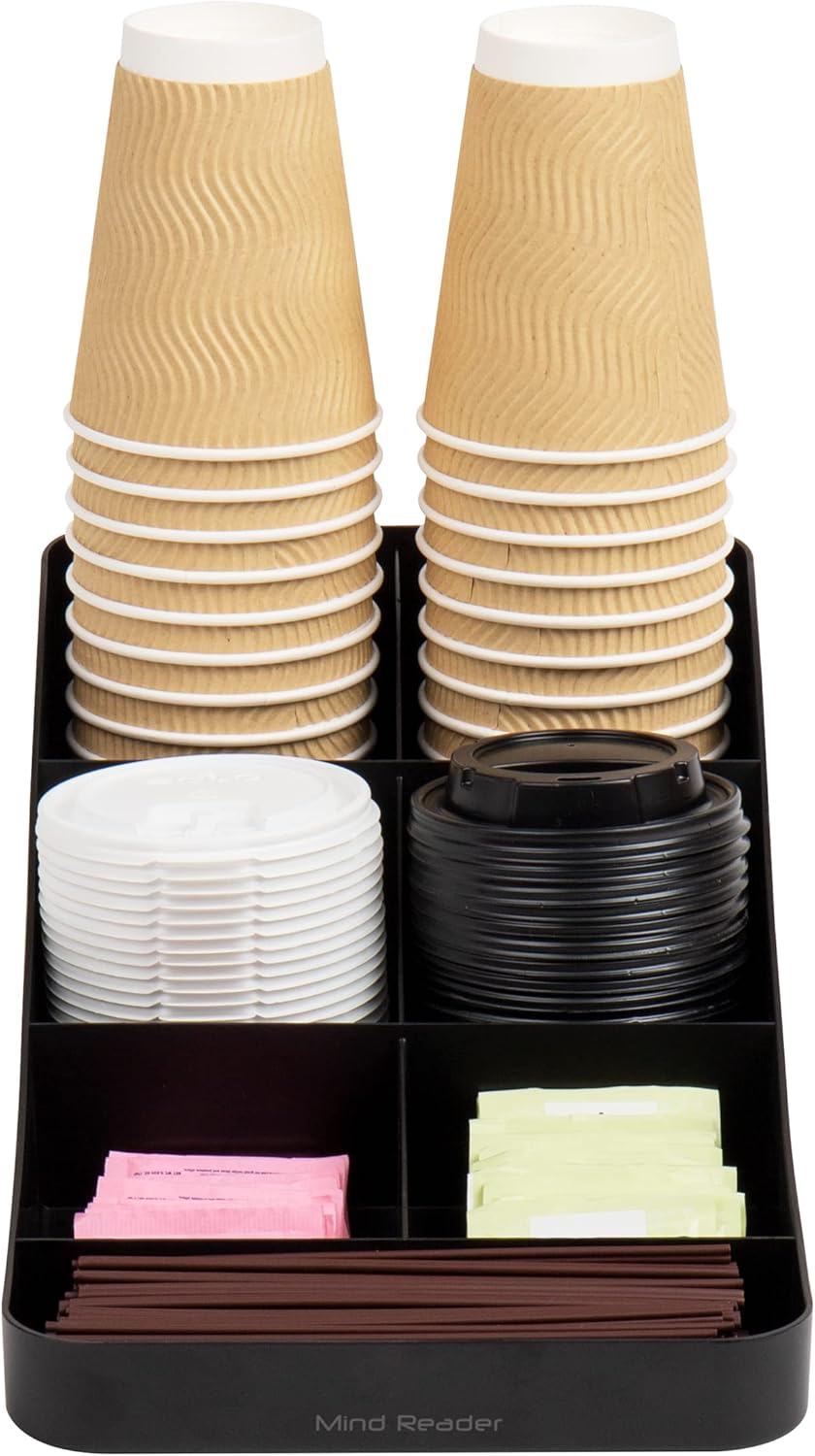 Mind Reader Cup and Condiment Station, Countertop Organizer, Coffee Bar, Kitchen, Stirrers, 7.25"L x 15.5"W x 5.25"H, Black