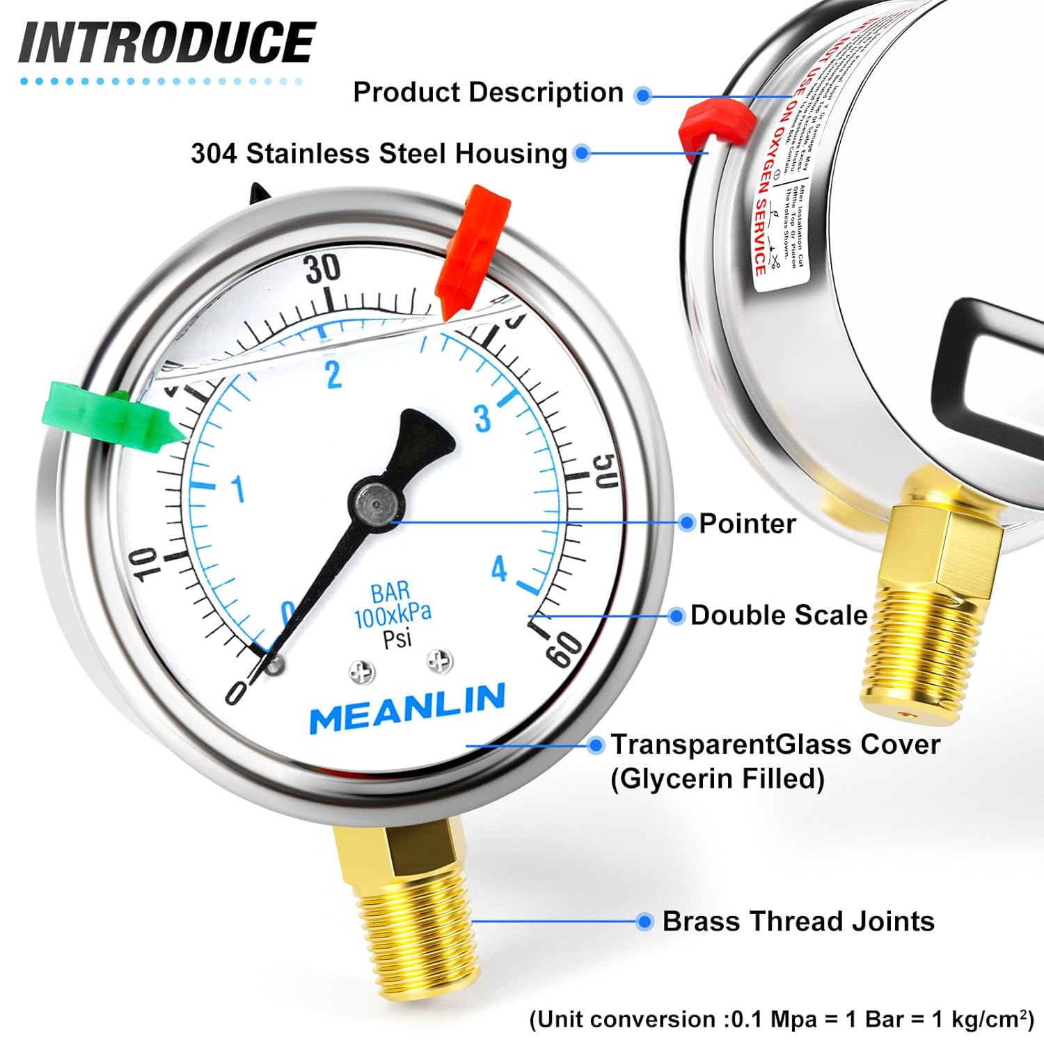 MEANLIN MEASURE 0~60Psi Liquid Filled Pressure Gauge 1/4" NPT 2.5" FACE DIAL Stainless Steel Glycerin Filled WOG Water Oil Air Lower Mount (with 2PCS Snaps)