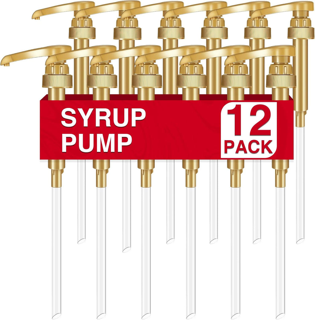 VOISEN Coffee Syrup Pumps, 12 Pack Gold Syrup Pump, Skinny Syrup Pump for 750ml 25.4oz Syrup Bottle, Syrup Pumps Dispenser for Kitchen Dinning Coffee Bar Drinking Mixes,DaVinci,Jordans