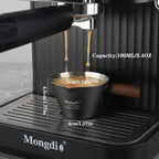 Mongdio Espresso Measuring Cup, Stainless Steel Espresso Shot Cups with Wooden Handle and Double Spouts, 3.4OZ/100ML, Black
