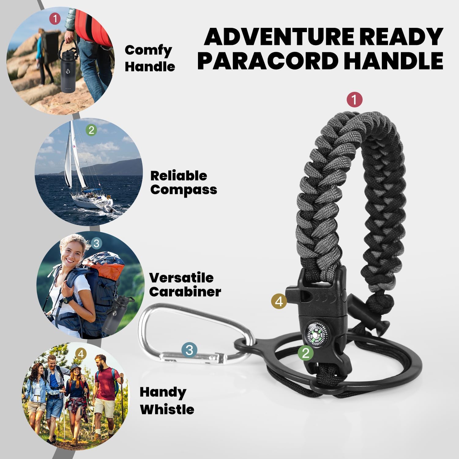 Insulated Water Bottle 32 oz, Triple Wall Vacuum Stainless Steel (Cold for 48 Hrs), Leak Proof & Non-BPA, Modern Water Flask Jug with Paracord Handle & Straw Spout Lids, Dark Grey