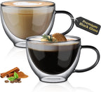 ecooe Black Double Walled Glass Coffee Mug 12 oz Latte Cappuccino Cups Set of 2 Coffee Cups with Handle, Heat Resistant Double Wall Glass Cup for Tea Milk Juice Ice Cream, Birthday Gifts for Mum Dad
