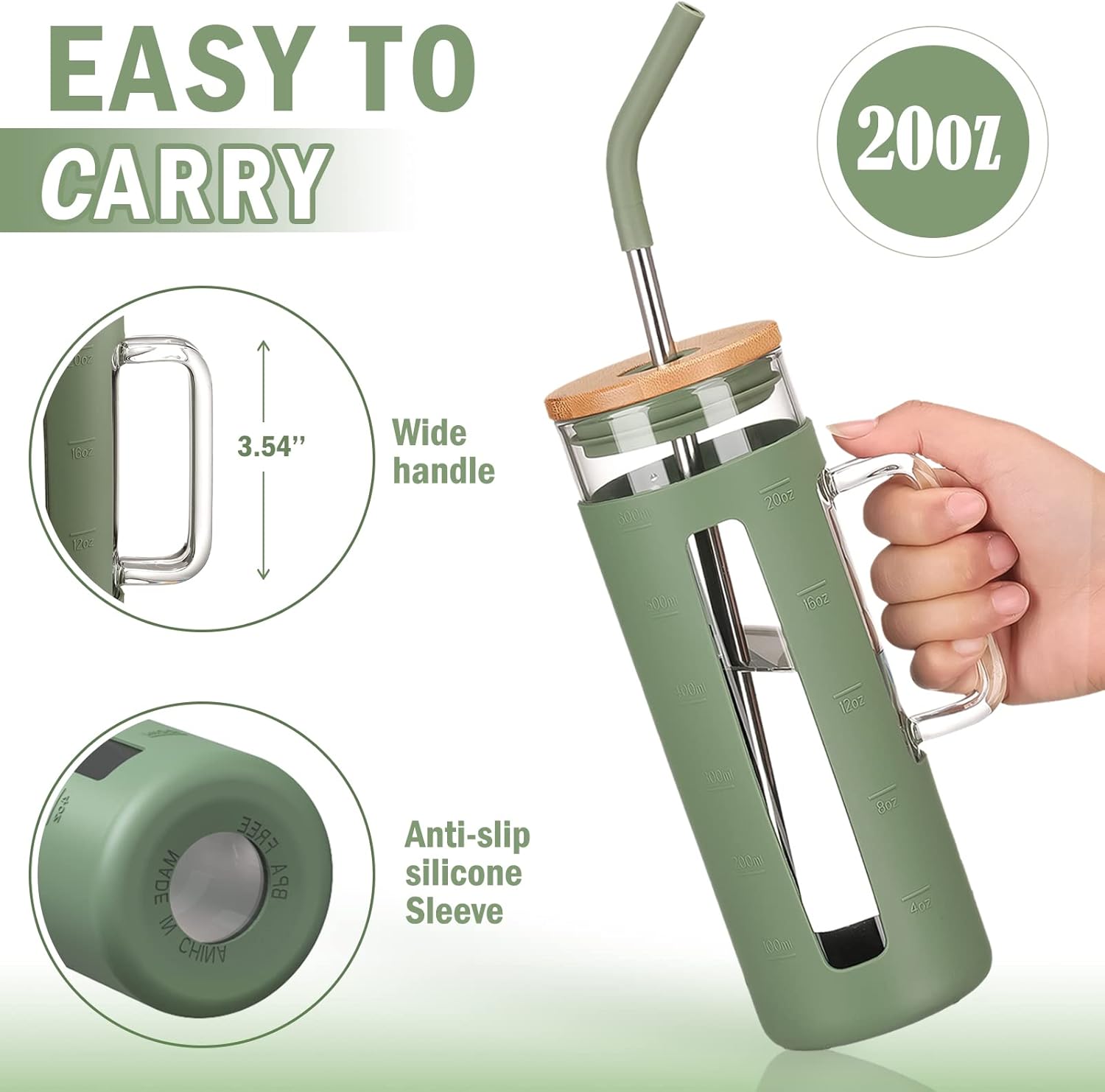 Kodrine Tumbler with Lid and Straw, 20 oz Glass Coffee Tumbler with Handle, Smoothie Cup with Bamboo Lid | Time Marker | Silicone Protective Sleeve, BPA Free - Olive