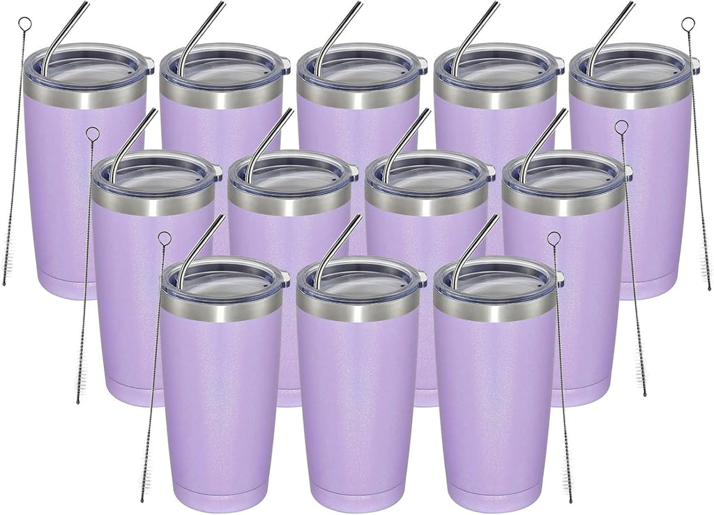 MEWAY 20oz Tumbler 12 Pack Double Wall Vacuum Insulated Travel Glitter Mug Bulk, Stainless Steel Tumblers with Lid and Straw, Powder Coated Coffee Cups for Woman(Rainbow Purple,Set of 12)