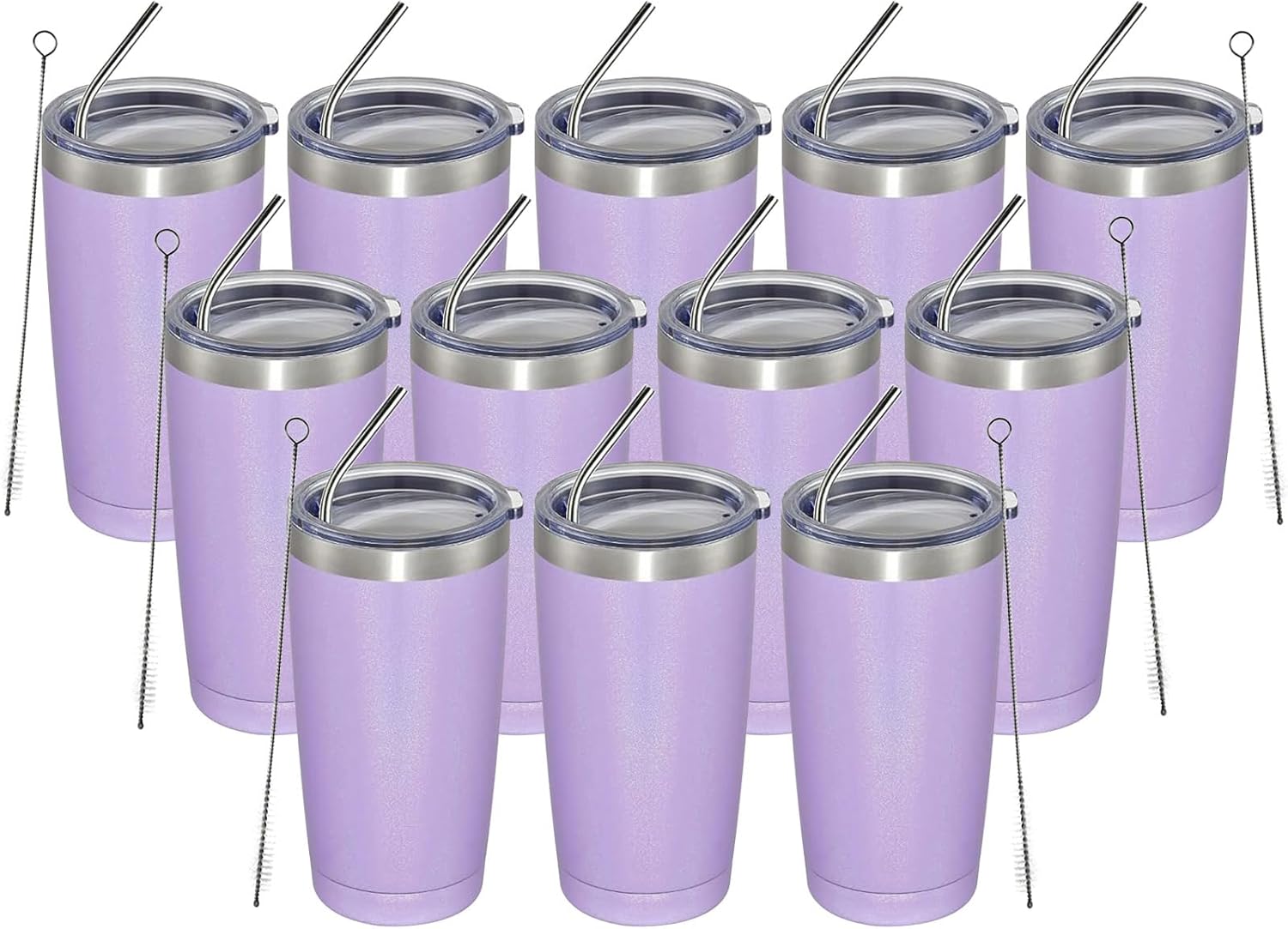 MEWAY 20oz Tumbler 12 Pack Double Wall Vacuum Insulated Travel Glitter Mug Bulk, Stainless Steel Tumblers with Lid and Straw, Powder Coated Coffee Cups for Woman(Rainbow Purple,Set of 12)