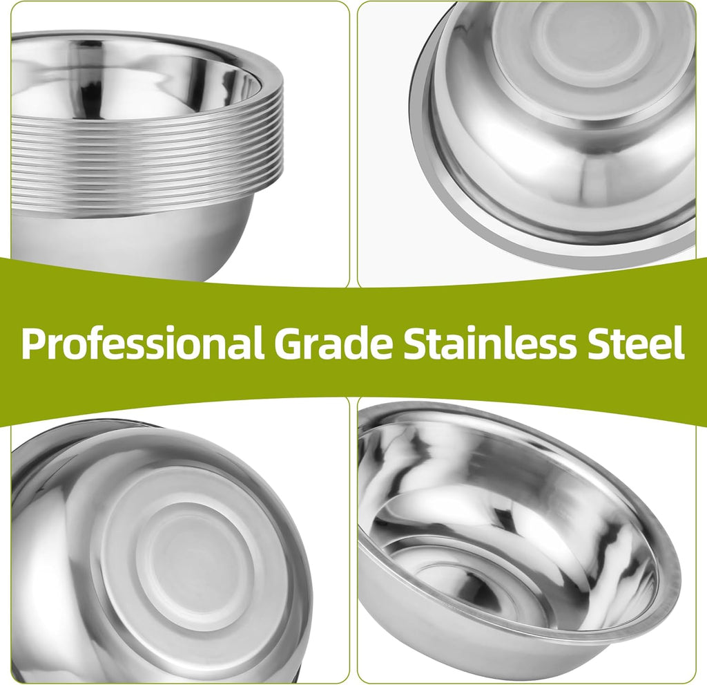 12 Pack 10.24 x 2.76 Inch Stainless Steel Mixing Bowls for Bulk Food Prep with Nesting Design for Hotel Restaurant and Home Kitchen Cooking in Silver