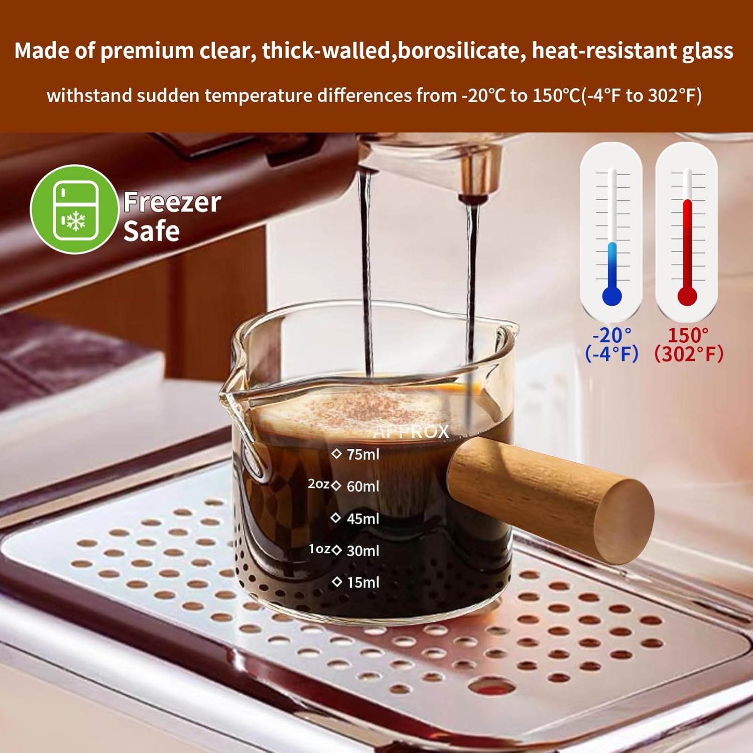 YARRAMATE 3oz Espresso Cups with Wood Handle (2 pack), Clear Glass Espresso Accessories, Double Spout Glass Measuring Cup with Dual Scale, Espresso Shot with V-Shaped Spout