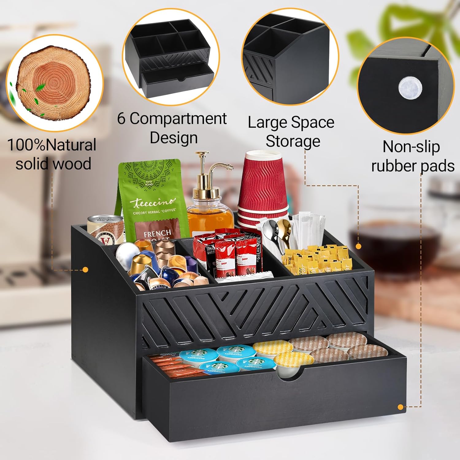 Farmhouse Coffee Bar Organizer - Wooden Countertop Station With Drawer, Pods Holder & Storage Basket