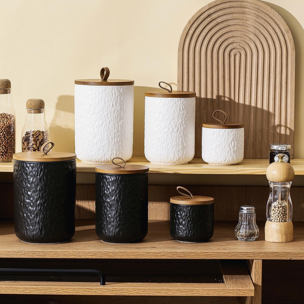 Black White Ceramic Coffee Canister Tea Canister with Seal Wood Lid, Airtight Coffee Storage Container for Coffee Bean, Ground Coffee, Sugar, Cookie Candy jar (Black three piece)