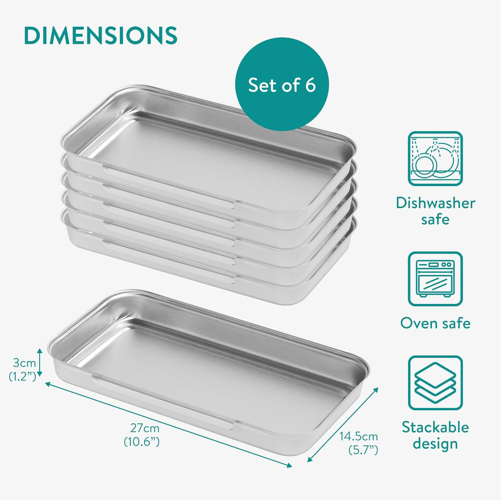 Navaris Stainless Steel Breading Trays, Set of 6 - Interlocking & Stackable Tray Design - 27x15cm Baking and Cooking Sheets - Oven and Dishwasher Ready for Versatile Kitchen Use