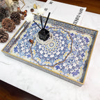 Boho Decorative Tray, Modern Blue Serving Tray with Handles, Ottoman Trays Set of 2, Plastic Coffee Table Tray for Living Room, Bathroom, Kitchen, Decor, Large 15.7”*11.8”, Small 13.7"*9.8"