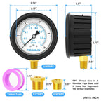 MEANLIN MEASURE 0~10Psi Stainless Steel 1/4" NPT 2.5" FACE DIAL Liquid Filled Pressure Gauge, Lower Mount (with Rubber Protective Sleeve), with 1/2" NPT and 3/8" NPT Hex Bushing