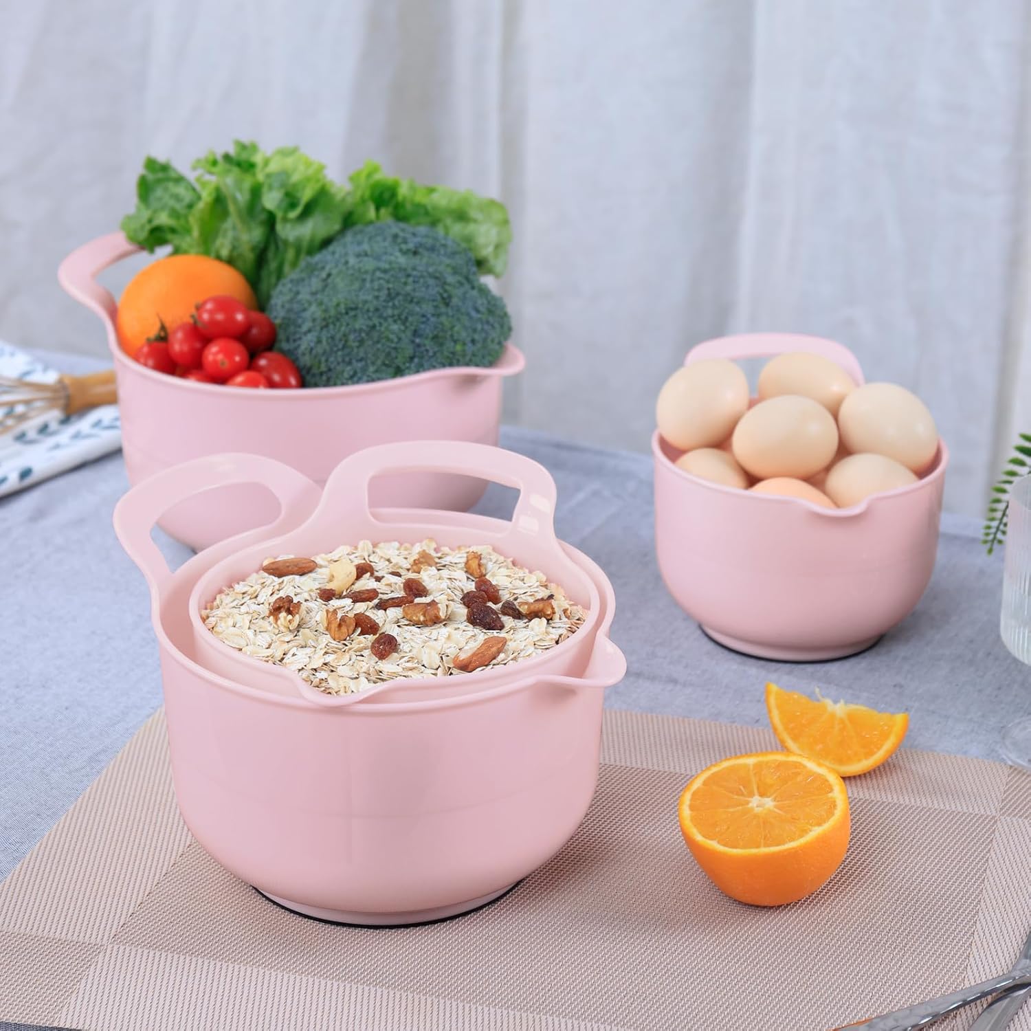 BoxedHome 4 Pack Nesting Mixing Bowl with Pour Spout and Handle, BPA free Microwave & Dishwasher Safe(Pink, 4 Pack with Handle)