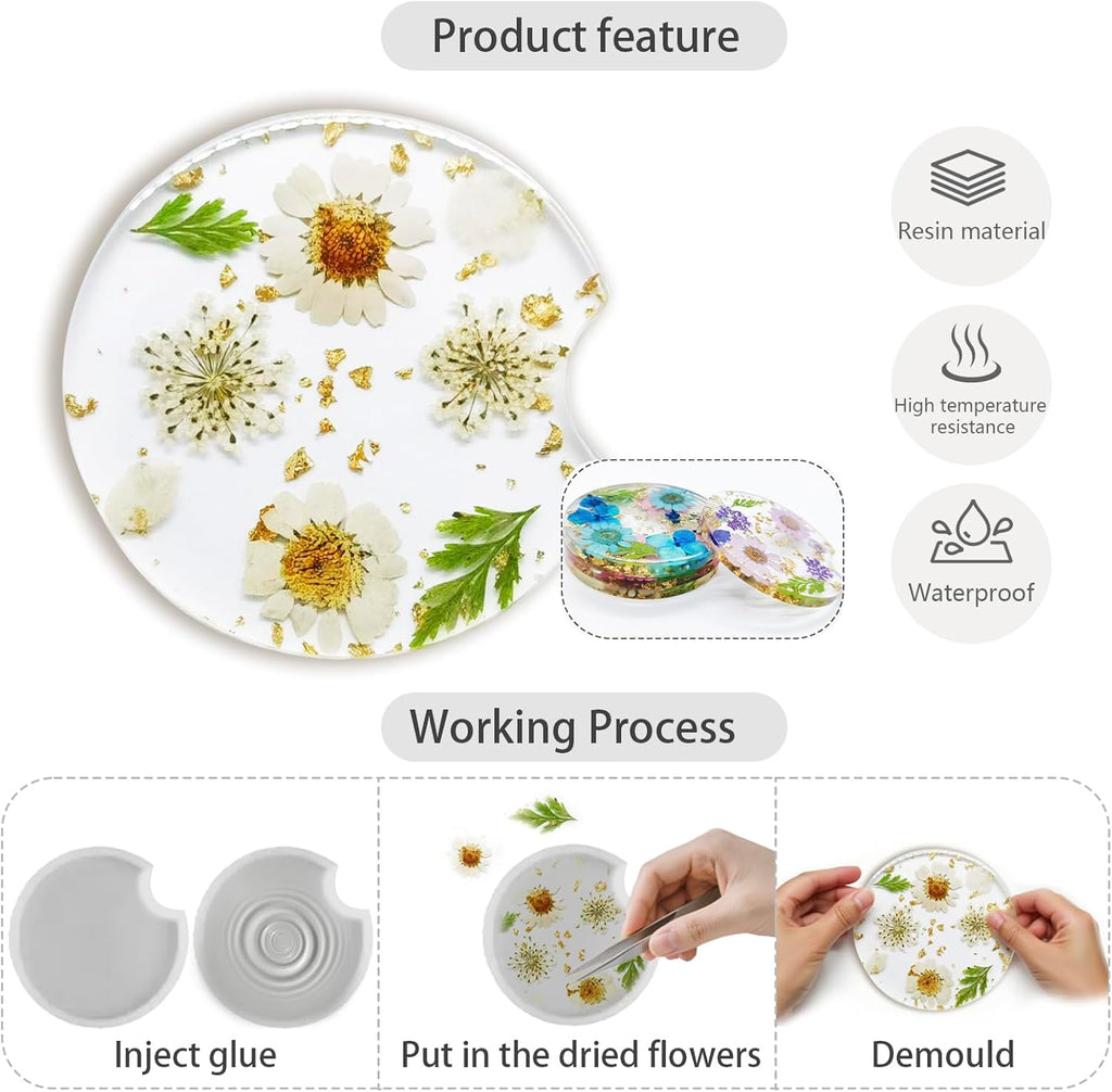 Dried Flower Coasters 4PCS, Resin Drink Coasters with Finger Notch, Reusable Cup Mats for Desk Protection Car and Home Decor
