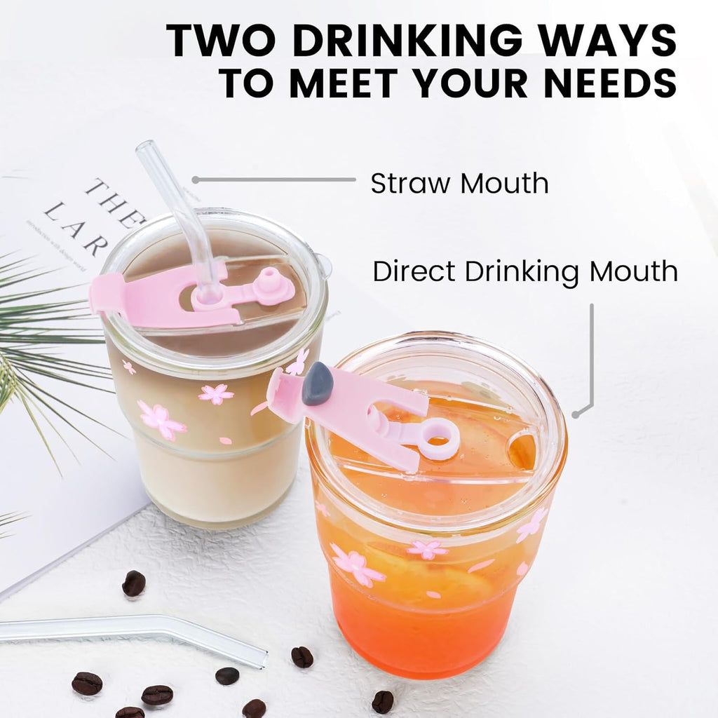 Iced Coffee Cup, 15Oz/450ml With Lids and Straws, Thick Wall Glass Mug for Tea Water, Cute Tumbler Gifts (Pink)