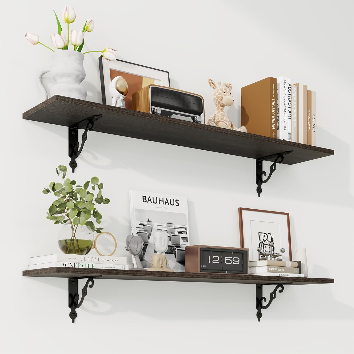 RICHFOCUS Floating Shelves for Wall Decor, 39.4W x 8D Wall Shelves Set of 2, 8 Inch Deep Rustic Wood Shelves Wall Mounted with Brackets, Long Floating Shelves for Living Room Bedroom Kitchen, Black