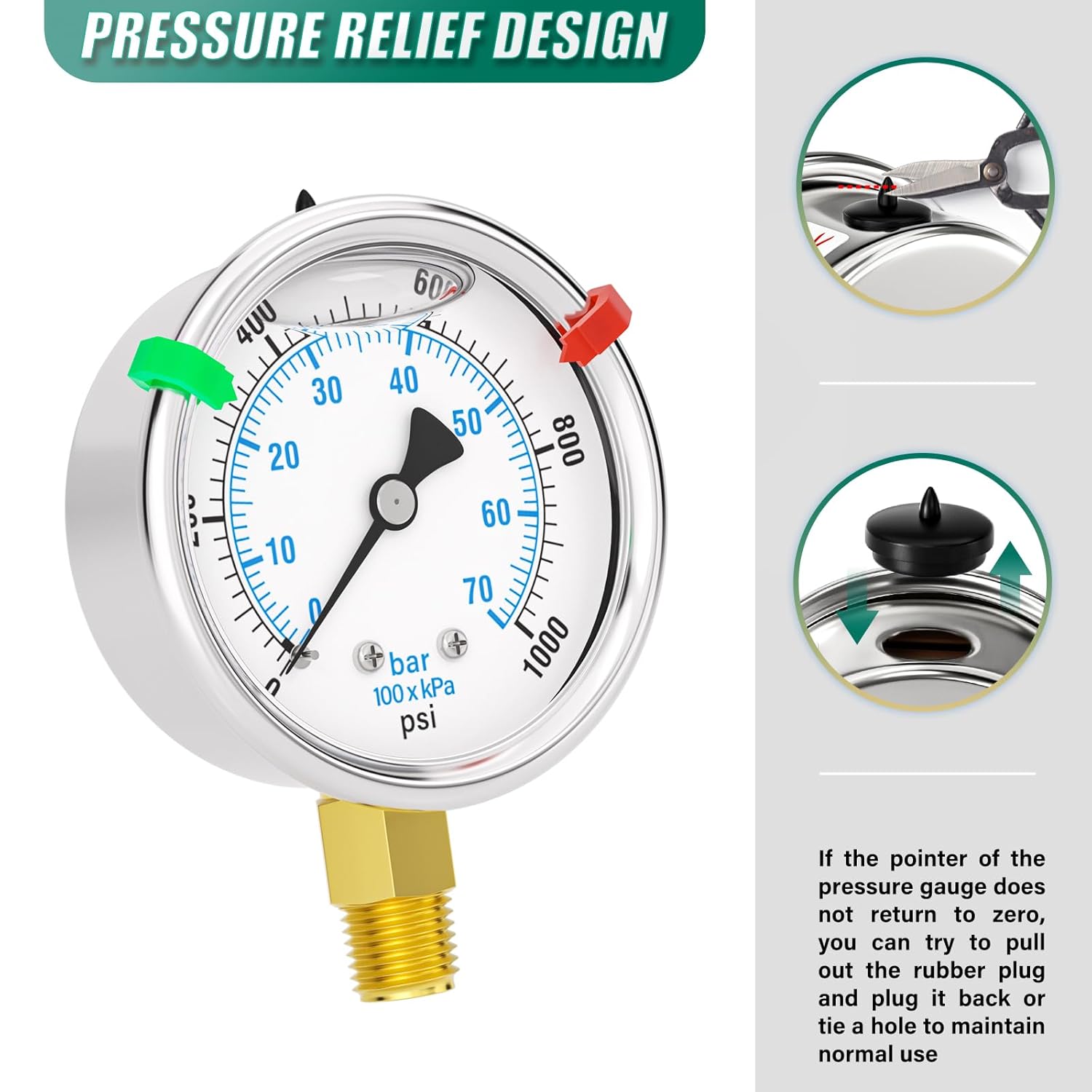 0-1000PSI Stainless Steel Liquid Filled Pressure Gauge, 2.5" Dial Size, 1/4" NPT Lower Mount, for Tube, Water Pump, Gas, Liquid, Pressure Test (with Range Mark Pointer)