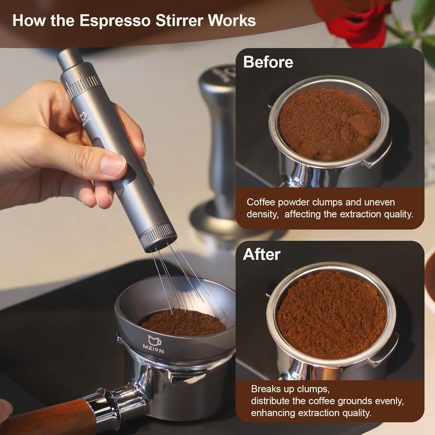 MEION Retractable WDT Espresso Distribution Tool Espresso Stirrer Tools, 0.35mm 6 Needles Coffee Distributor with Extra 6 Replaceable Needles, Espresso Machine Accessories for Barista (Silver, V2)