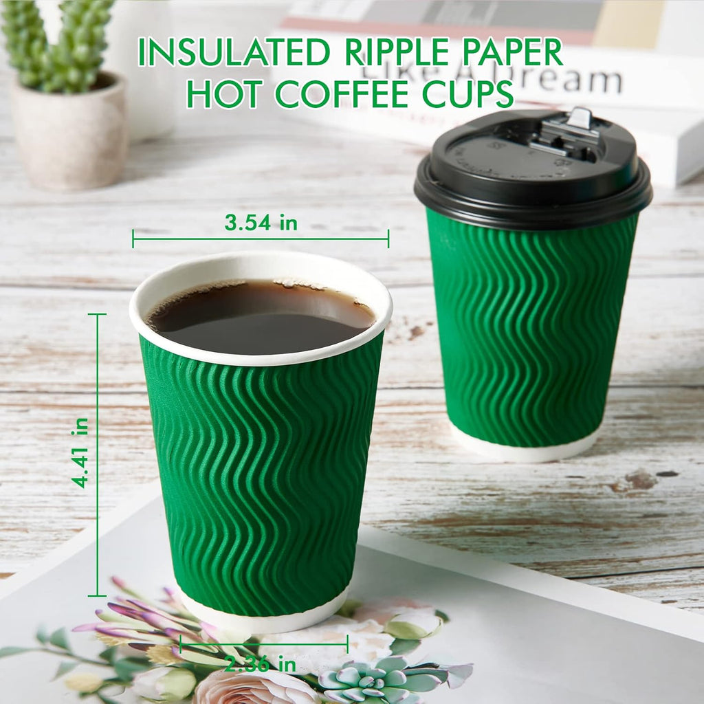 100 Count 12 OZ Coffee Cups with Lids, Insulated Ripple Wall Paper Hot Coffee Paper Cups for Hot Drinks