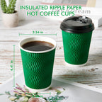 100 Count 12 OZ Coffee Cups with Lids, Insulated Ripple Wall Paper Hot Coffee Paper Cups for Hot Drinks