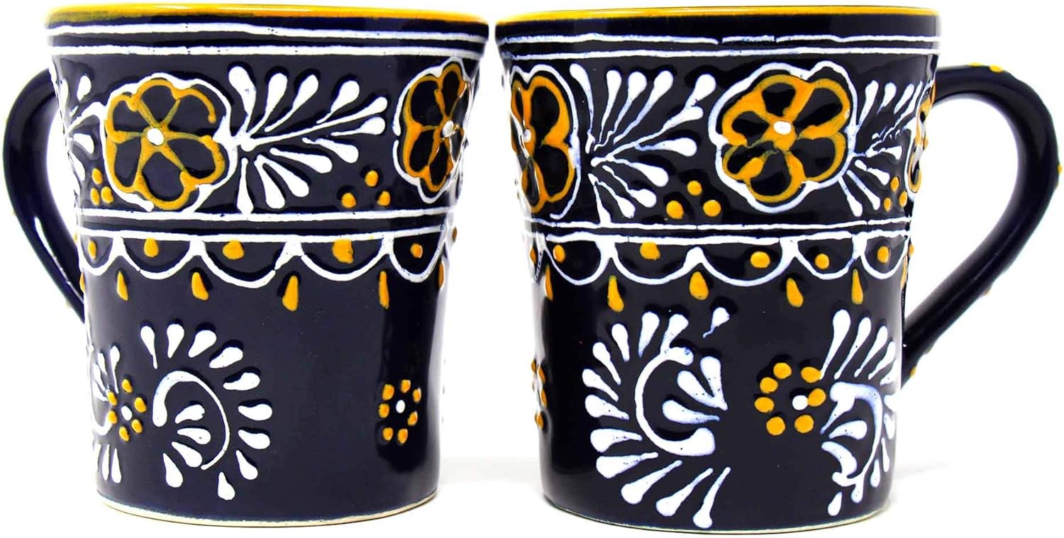 Encantada Handmade Hand-Painted Authentic Mexican Pottery Mugs (2-Pack, Blue Helecho)