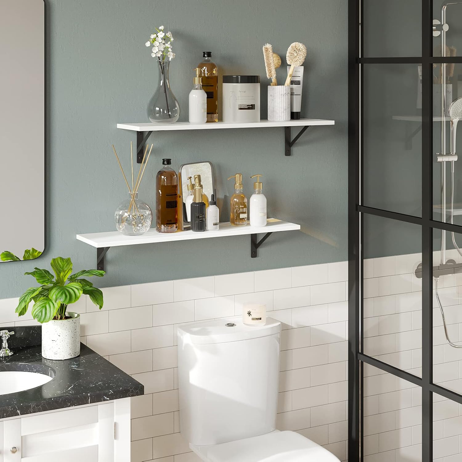 DINZI LVJ Long Wall Shelves, 31.5 x 7.9 x 6.1 Inches, Set of 2 White Floating Shelves, Easy-to-Install, Large Storage Ledges with Sturdy Metal Brackets for Living Room, Bathroom, Bedroom, Kitchen