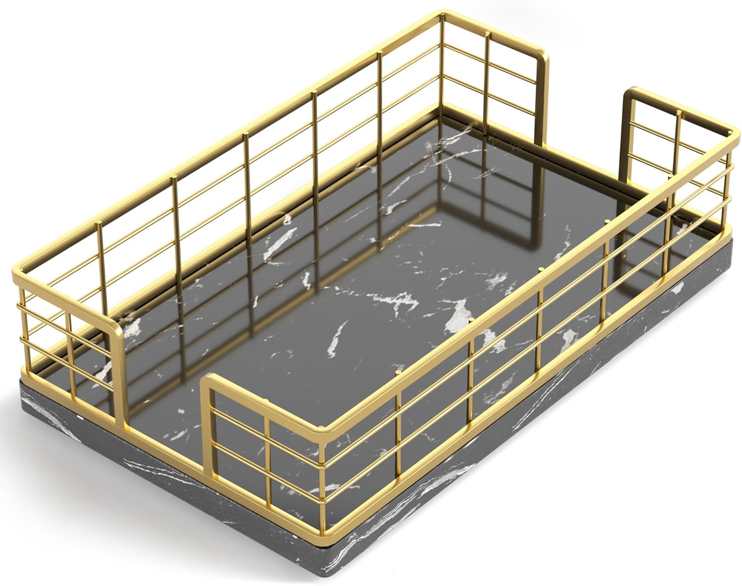 Wican Marble Guest Towel Holder Tray for Bathroom, Napkins Holder for Powder Room Dinning Table Wooden Basket for Disposable Paper Hand Towels Gold and Marble Black