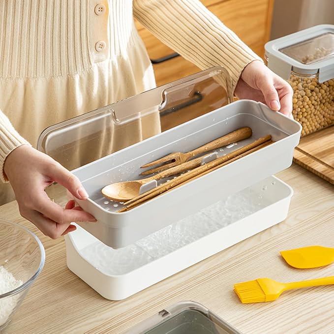 Large capacity Plastic Kitchen Drawer Organizer with Lid and Drainer Stackable Utensil Holder for Countertop Silverware Tray Flatware Organizers - 12.6x4.7x2.4 Inch Spatula Cutlery Tray