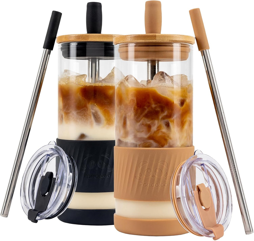 Pandaloo® Glass Cups With Lids and Straws -20 Fl Oz- Perfect Size Iced Coffee Cup - Smoothie Cup With Bamboo Lid and On the go Lid - Glass Tumbler (2 Count (Pack of 1), Amber Sand-Black Saphir)