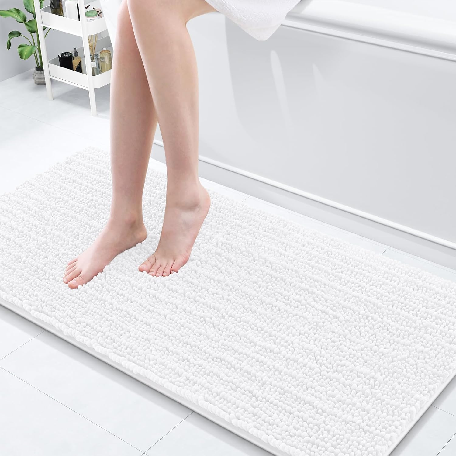 Arotive Luxury Chenille Bathroom Rug Mat, Extra Soft Thick Absorbent Shaggy Bath Rugs, Non-Slip Machine Wash Dry, Plush Bath Mats for Bathroom, Shower and Tub, 60x20, White