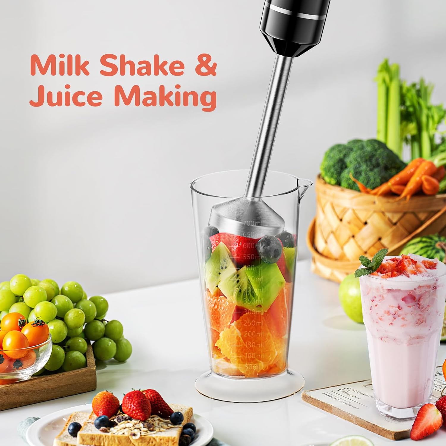 G.a HOMEFAVOR Handheld Corded Hand Blenders Set: 1000W Trigger Variable Speed 5 in 1 Stick Blenders with Stainless Steel Blade, Mixing Beaker, Whisk, Milk Frother for Soup, Baby Food, Smoothies