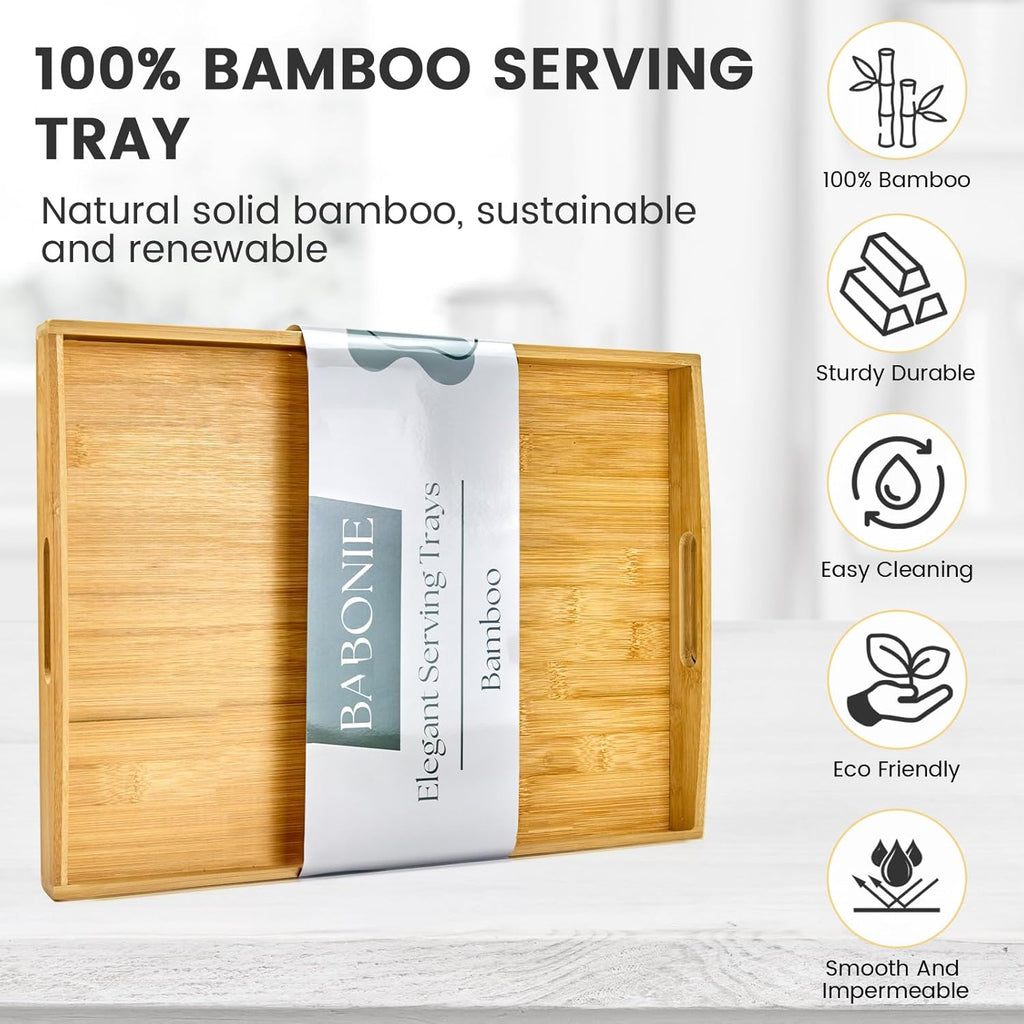 Larger Bamboo Serving Tray with Handles - Decorative Wooden Trays for Eating, Working, and Storing, Suitable for Use in Bedroom, Living Room, Kitchen, Bathroom, Outdoor Scenarios and More