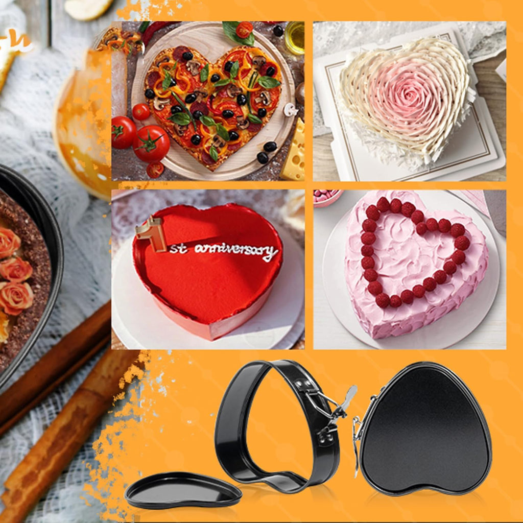 Springform Cake Pan Set of 3 (4, 7, 9 Inch) Heart Leakproof Nonstick Cheesecake Pans with Removable Bottom Carbon Steel Bakeware