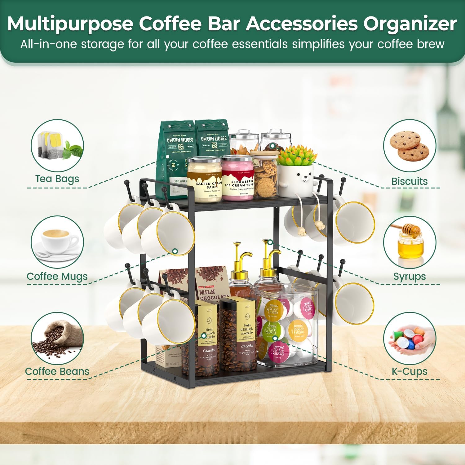 EsLuker.ly 2 Tier Coffee Mug Holder Station Bar Organizer Countertop, Mug Cup Tree Rack for Kitchen Office, Storage Shelf with 12 Hooks, Creat Stylish Coffee Corner, Black