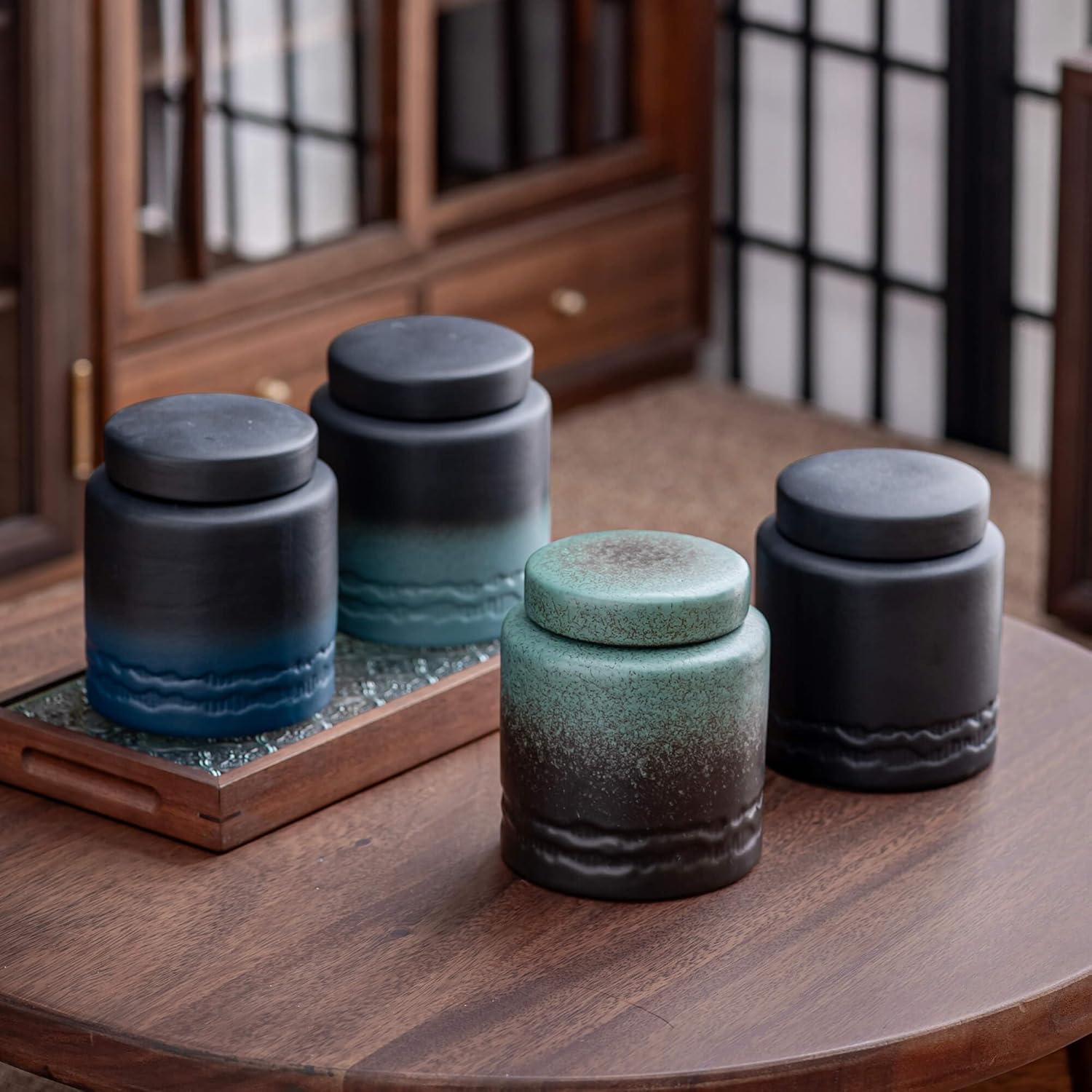 Tea Canister for Loose Tea with Airtight Lid, Kitchen Storage Containers, Ceramic Food Storage Jar, Ceramic Coffee Canister (Green)