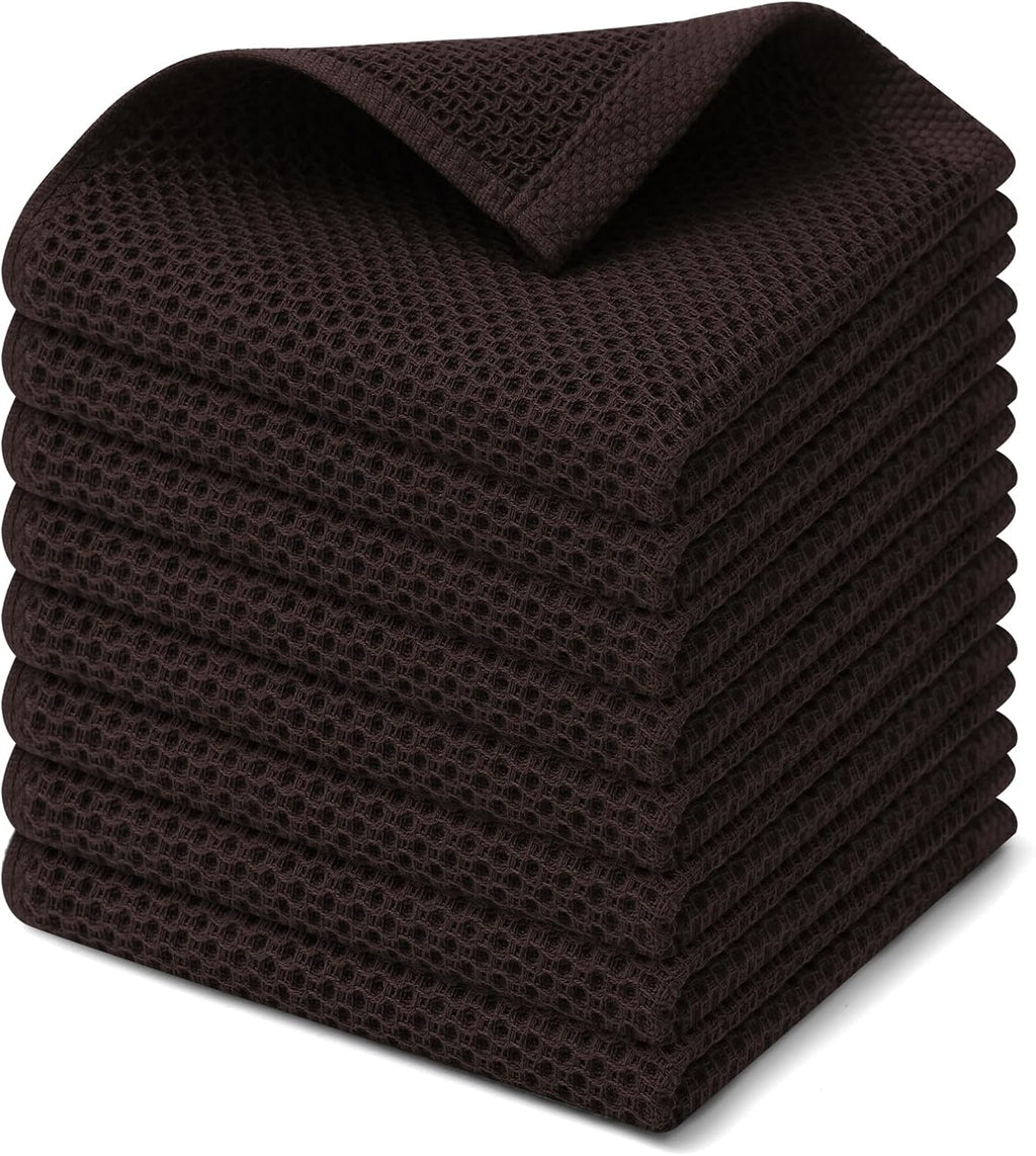 Kitinjoy 100% Cotton Kitchen Dish Cloths, 8 Pack Waffle Weave Ultra Soft Absorbent Dish Towels for Drying Dishes Quick Drying Kitchen Towels Dish Rags, 12 X 12 Inches, Dark Brown