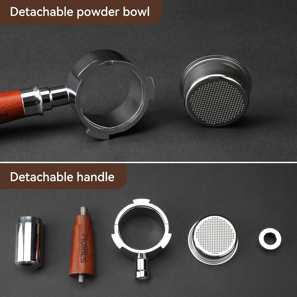 58mm Bottomless Portafilter with Double Shot Filter Basket & Premium Walnutwood Handle, Portafilter Compatible with All Breville 58mm Machines, Espresso Accessories(Puck Screen)