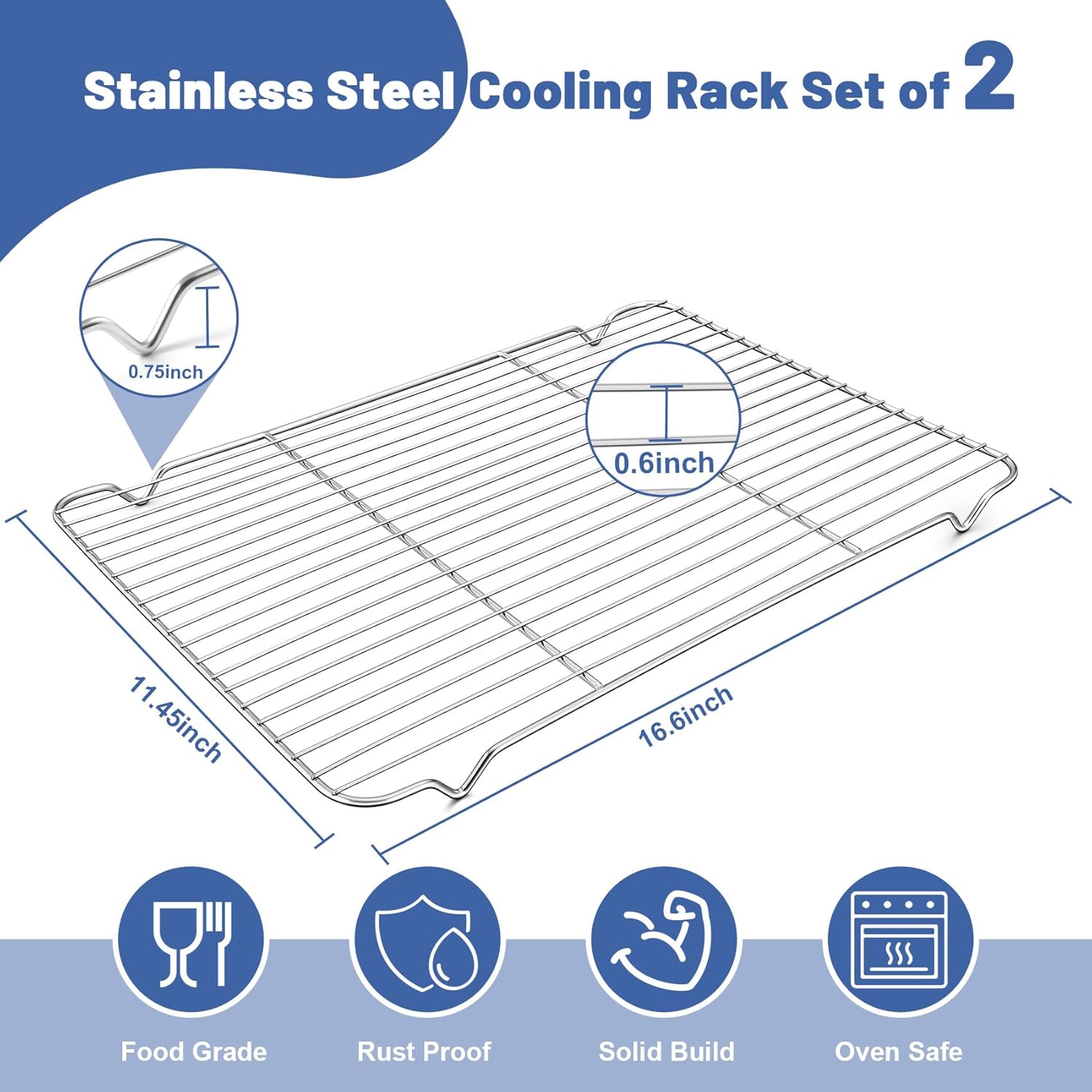 TeamFar Cooling Rack, 16.6” x 11.45” Stainless Steel Wire Baking Rack for Cooking Roasting Grilling, Fit for Oven Pan, Oven & Dishwasher Safe, Non-toxic & Heavy-Duty, 2PCS