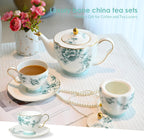 ACMLIFE Bone China Tea Cups and Saucers for 1, 6.8 oz Teacup Set for Adults, with Gold Trim and Gift Box, Blue and White Chinese English British Wedding Tea Set for One Coffee Cup Set (Blue-Leaf)