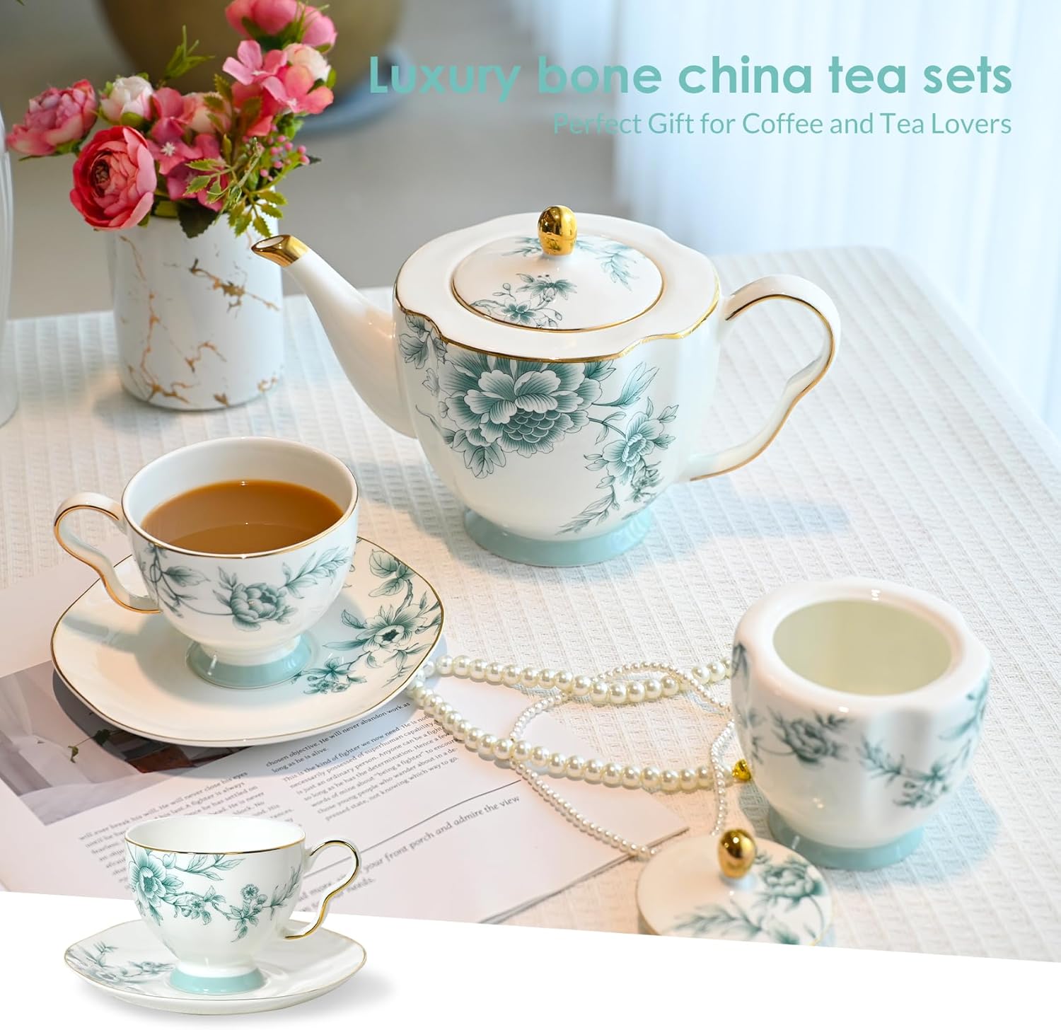 ACMLIFE Bone China Tea Cups and Saucers for 1, 6.8 oz Teacup Set for Adults, with Gold Trim and Gift Box, Blue and White Chinese English British Wedding Tea Set for One Coffee Cup Set (Blue-Leaf)