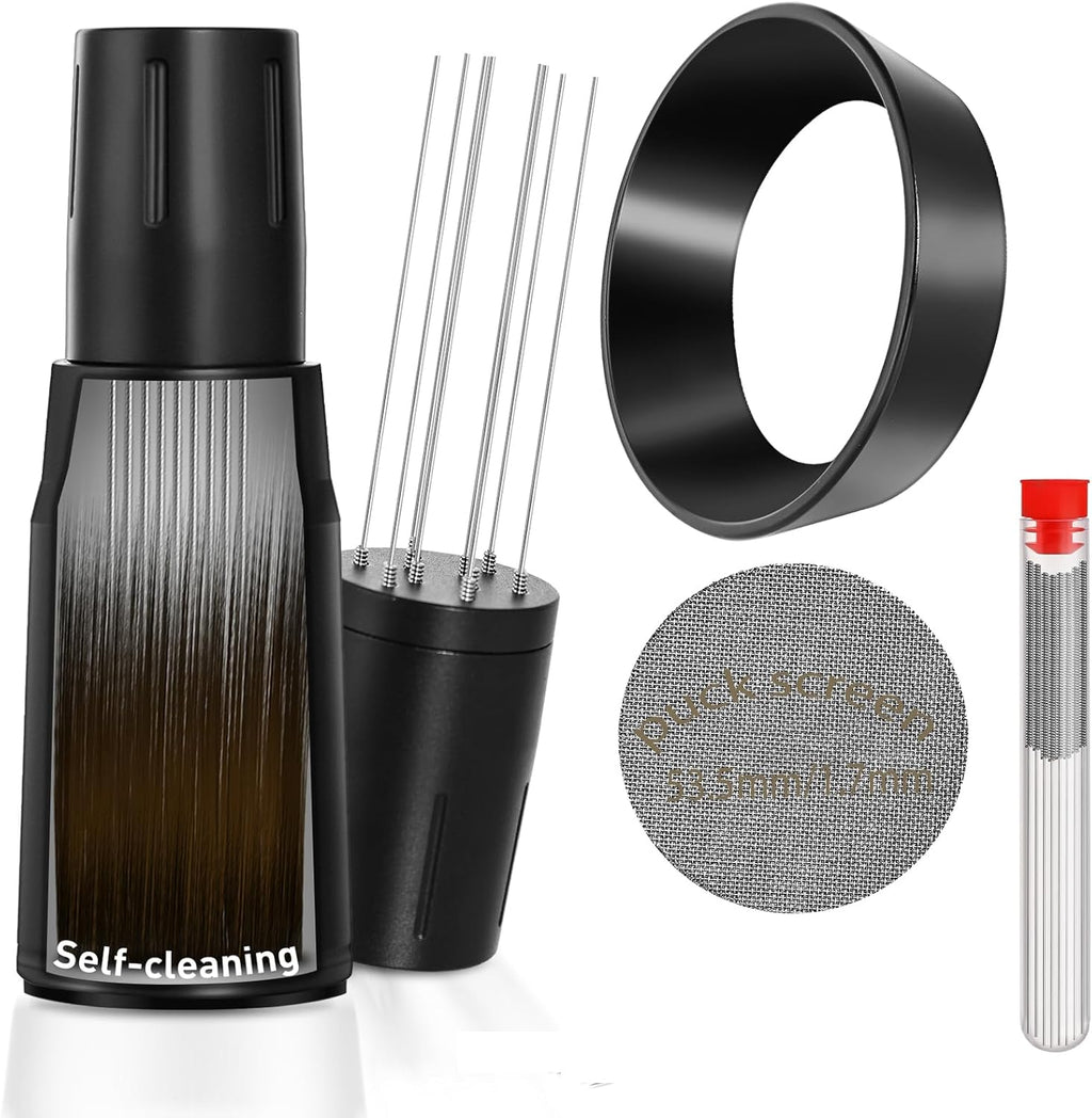 WDT Tool Espresso Distributor Accessory kit &1.7mm Thickness 150μm Mesh Puck Screen & 8 Magnets dosing ring Compatible with Breville Portafilter (WDT +54MM Black dosing ring&puck screen)
