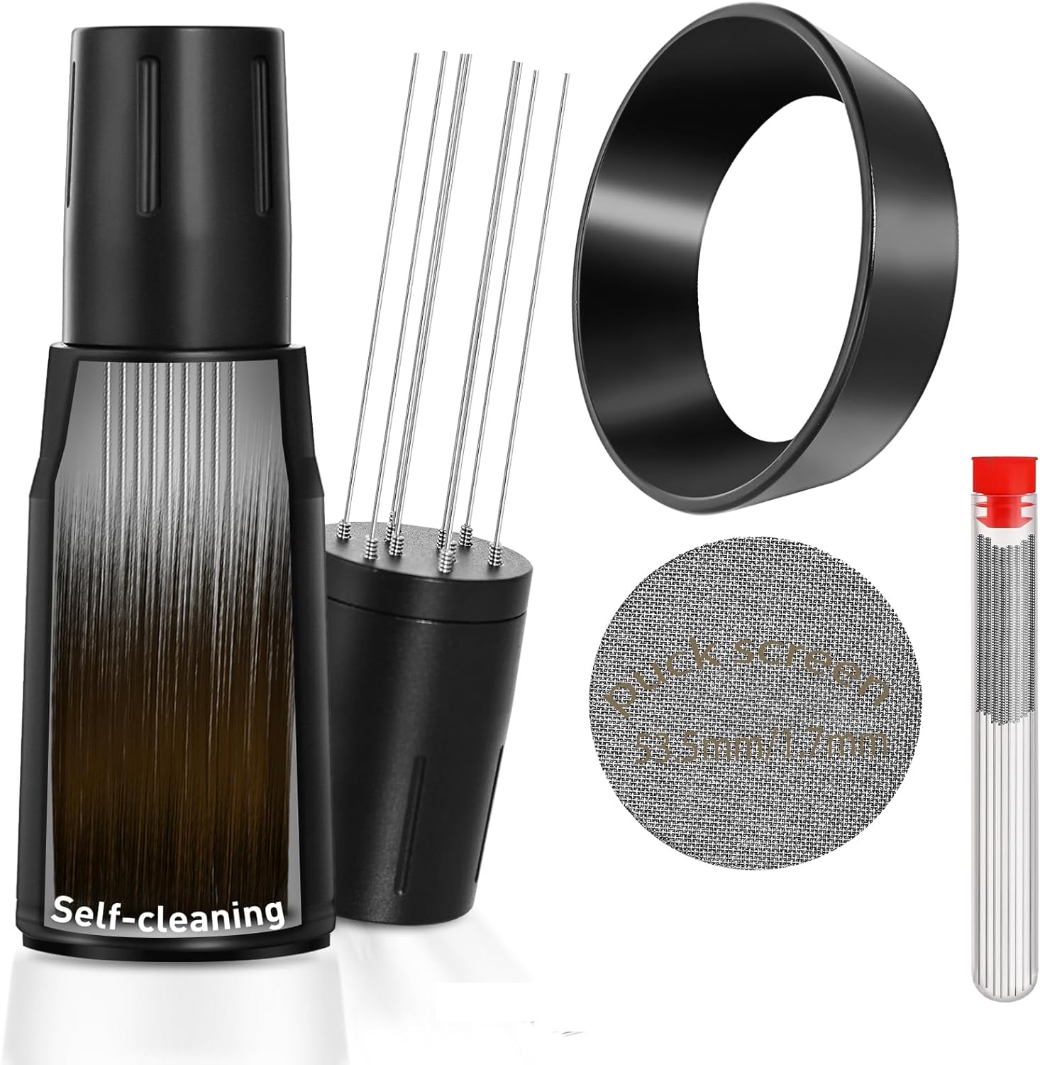 WDT Tool Espresso Distributor Accessory kit &1.7mm Thickness 150μm Mesh Puck Screen & 8 Magnets dosing ring Compatible with Breville Portafilter (WDT +54MM Black dosing ring&puck screen)