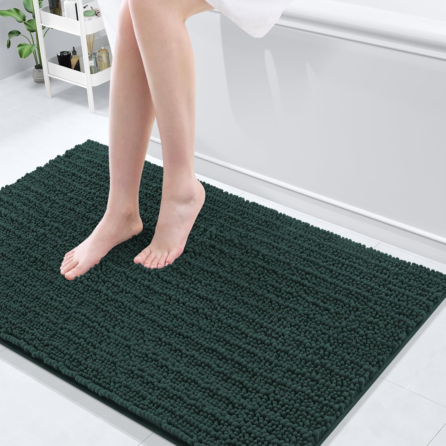 Arotive Luxury Chenille Bathroom Rug Mat, Extra Soft Thick Absorbent Shaggy Bath Rugs, Non-Slip Machine Wash Dry, Plush Bath Mats for Bathroom, Shower and Tub, 45x27, Dark Green