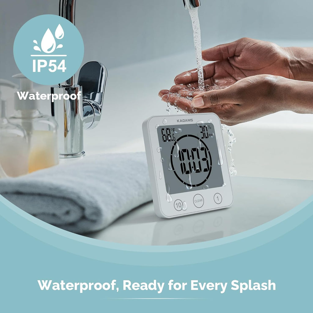 KADAMS Shower Clock Waterproof Bathroom Timer – Digital Wall Clock with Countdown, Magnetic Kitchen Clock with Temperature & Humidity, Suction Cup for Kids Shower Spa Sauna Cook Bath, White