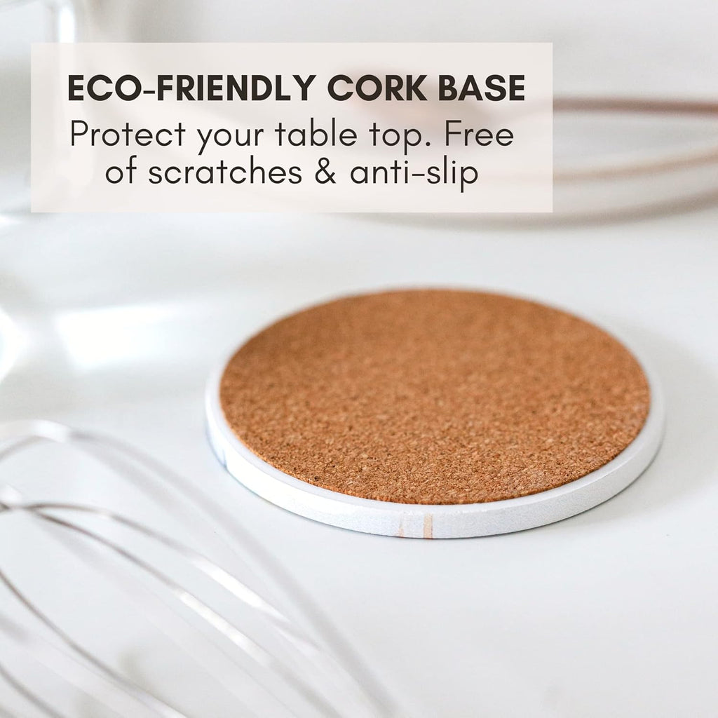 Absorbent Coaster Set of 6 with Holder, Drink Coasters for Coffee Table, Kitchen, Home Decor, Cute Ceramic Round Coasters, Alternative to Silicone, Cork or Glass Coaster (Marble with Black Holder)