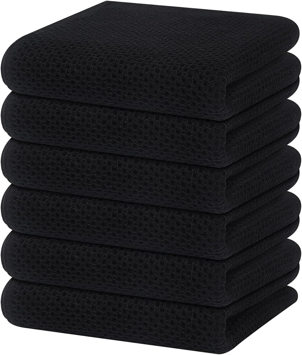 Homaxy 100% Cotton Waffle Weave Kitchen Dish Towels, Ultra Soft Absorbent Quick Drying Cleaning Towel, 13 x 28 Inches, 6-Pack, Black