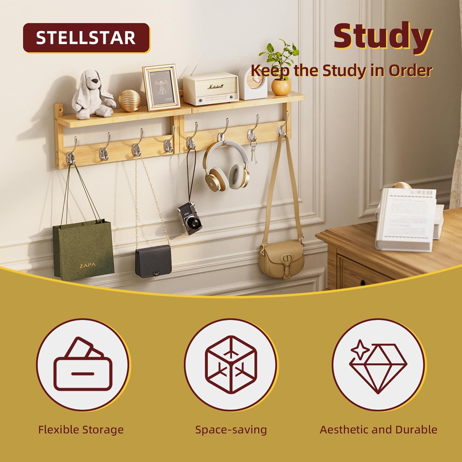 Coat Rack with Shelf, 2 Pack Bamboo Wall-Mounted Coat Hanger with 8 Hooks for Entryway, Hallway, Kitchen, Bathroom, Living Room, Utility Room (Natural)