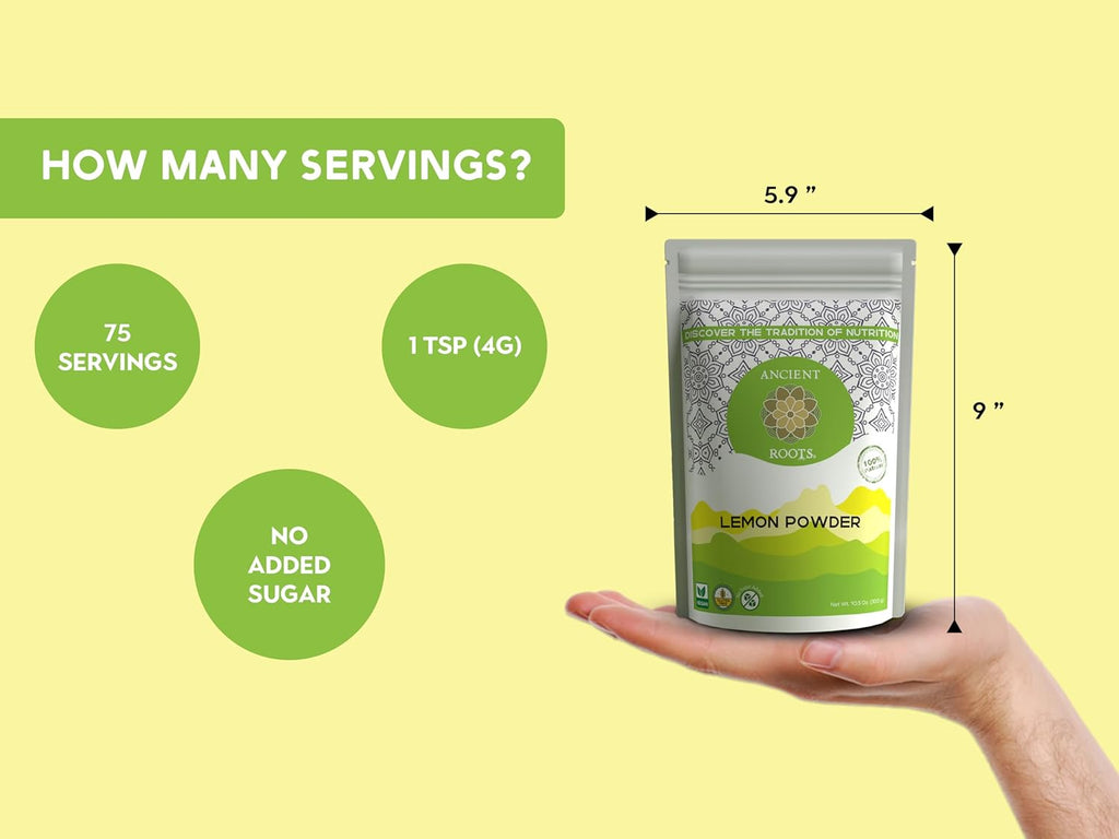 Ancient Roots Lemon Powder - Freeze-Dried, All-natural, No Sugar Added, Pure Citrus Fruit Powder, Natural Electrolyte, Good for Lemonades and Cocktails, Resealable Pouch - 10.5 ounces (75 servings)