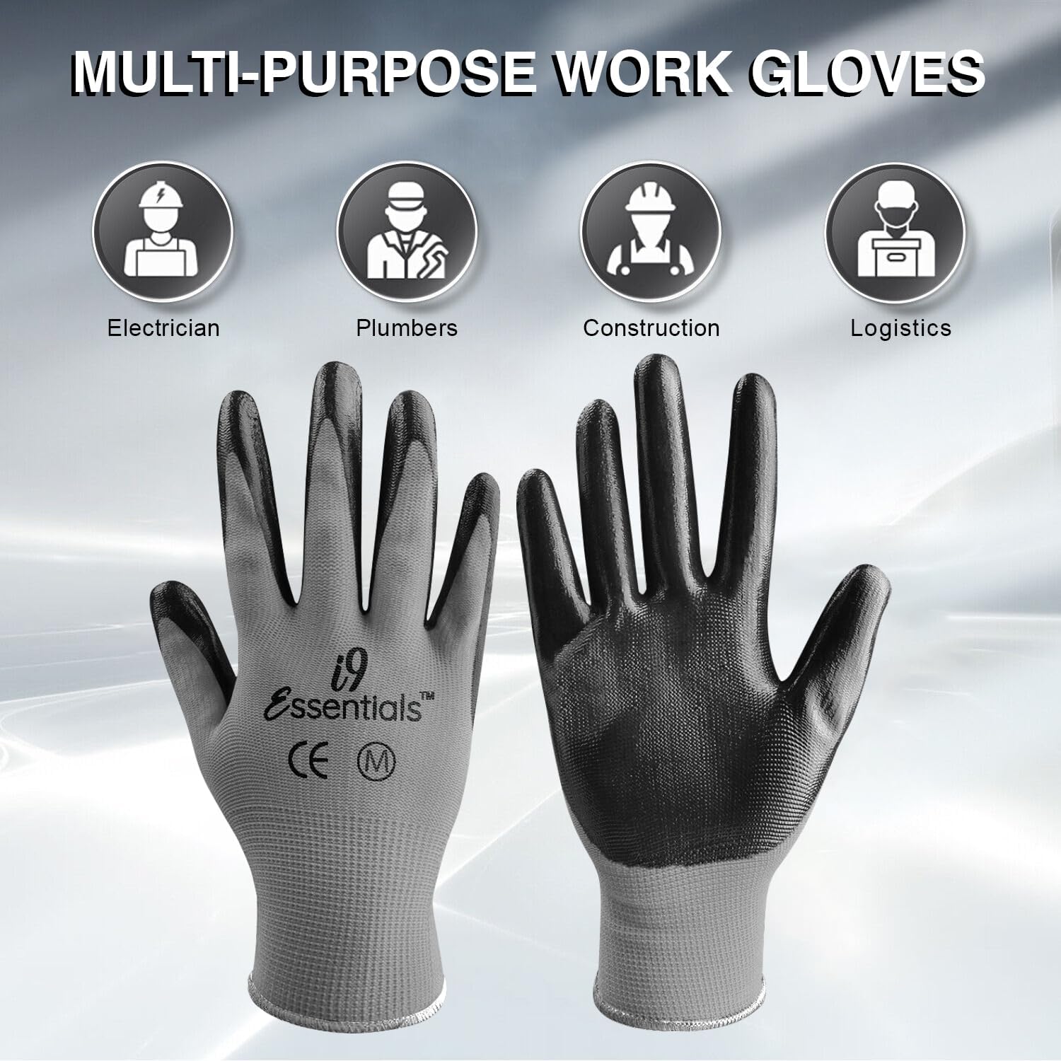 I9 Essentials 6 Pairs Nitrile Coated Work Gloves – Medium,Lightweight Grip Gloves for Men & Women – Gardening, Construction, Mechanic, Woodworking